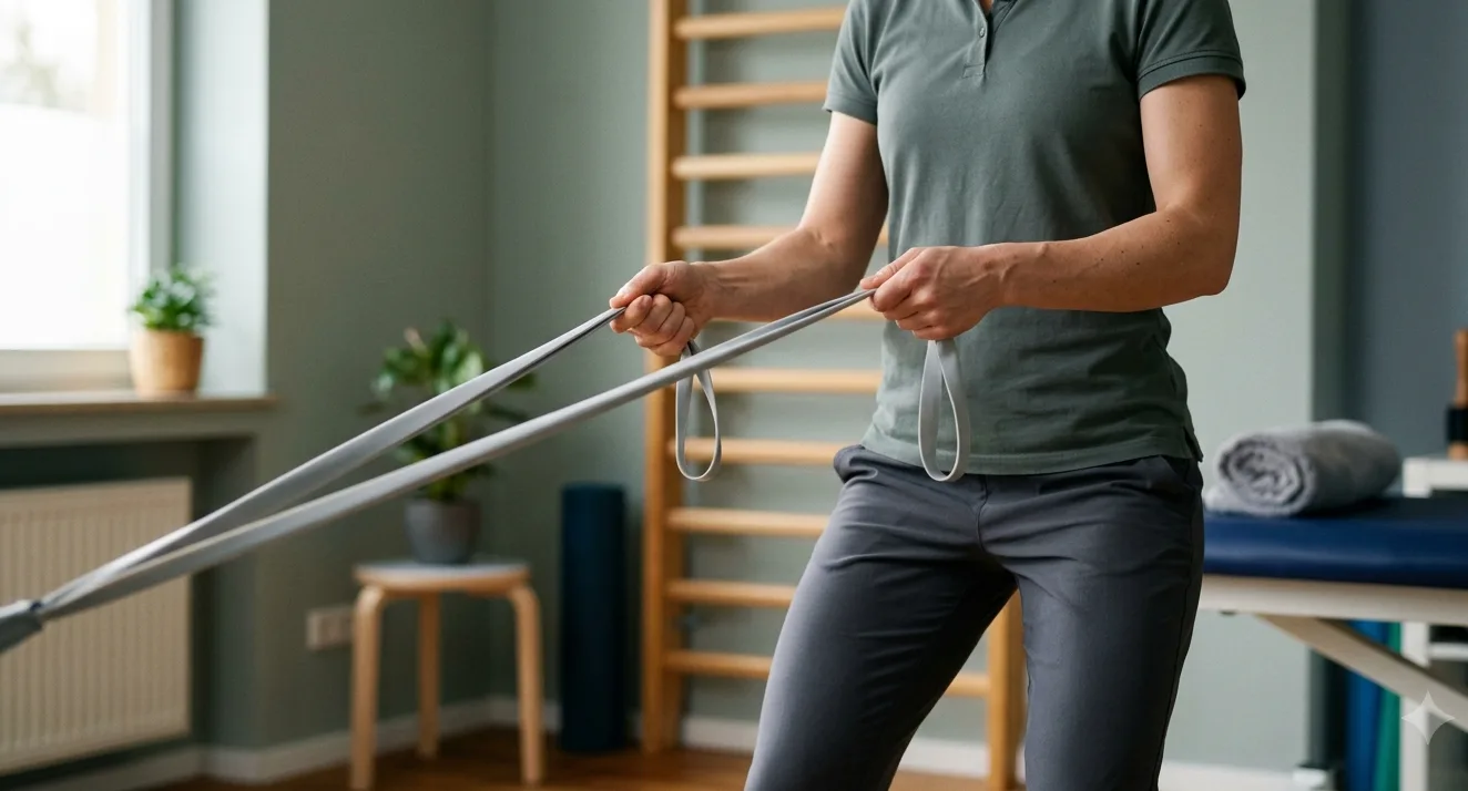 Patientin führt eine Übung mit dem Theraband aus, angeleitet von der Therapeutin